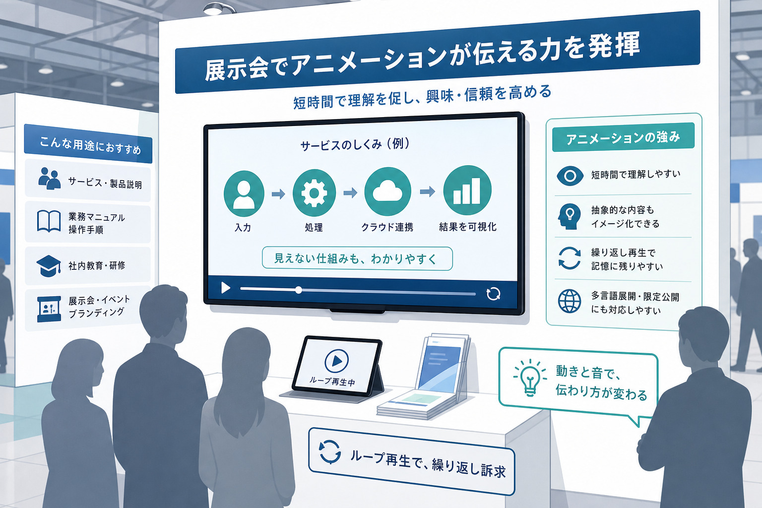展示会で解説アニメーションを流す活用イメージ