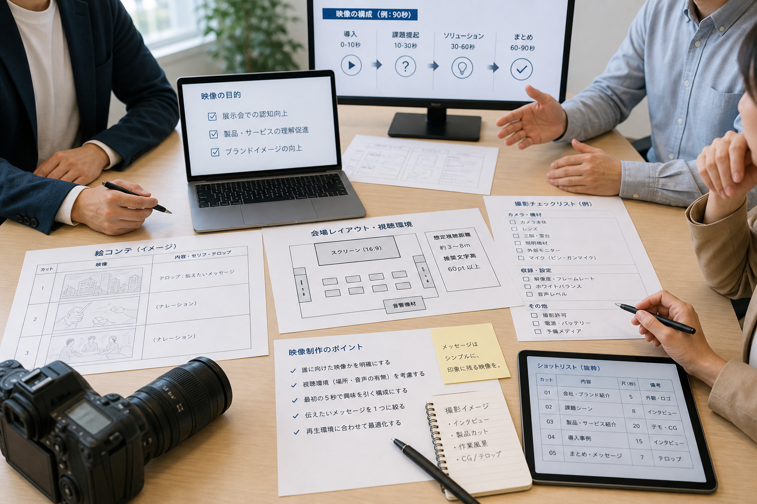 対面打ち合わせとロケハンを含む映像制作準備のイメージ