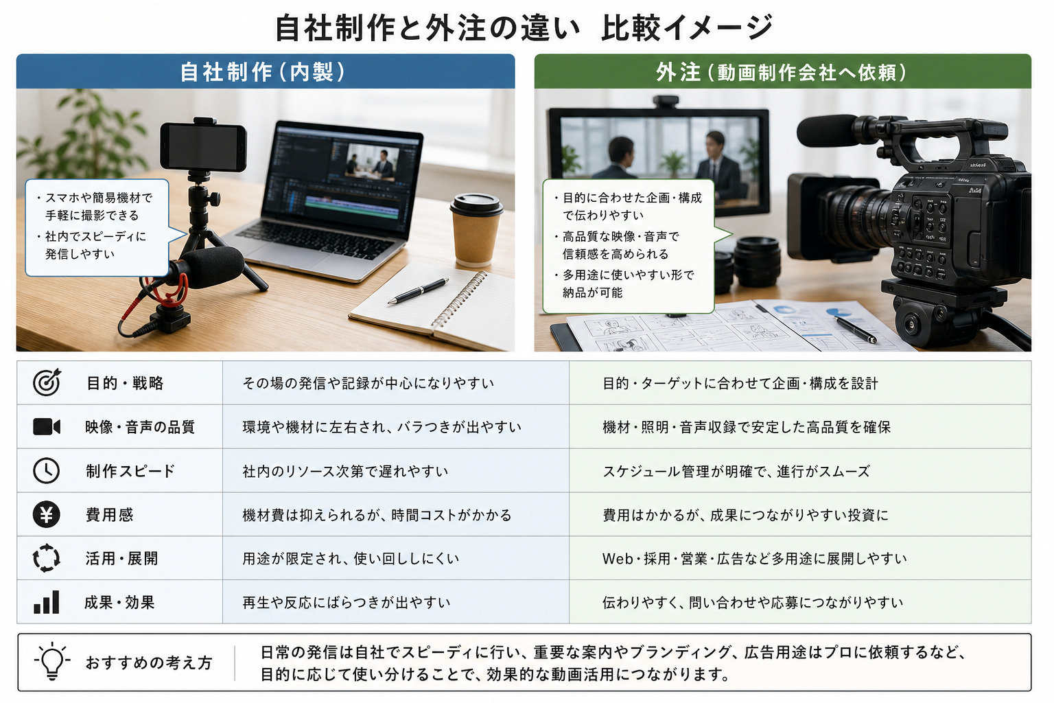 自社制作と外注の違いを考える動画制作のイメージ