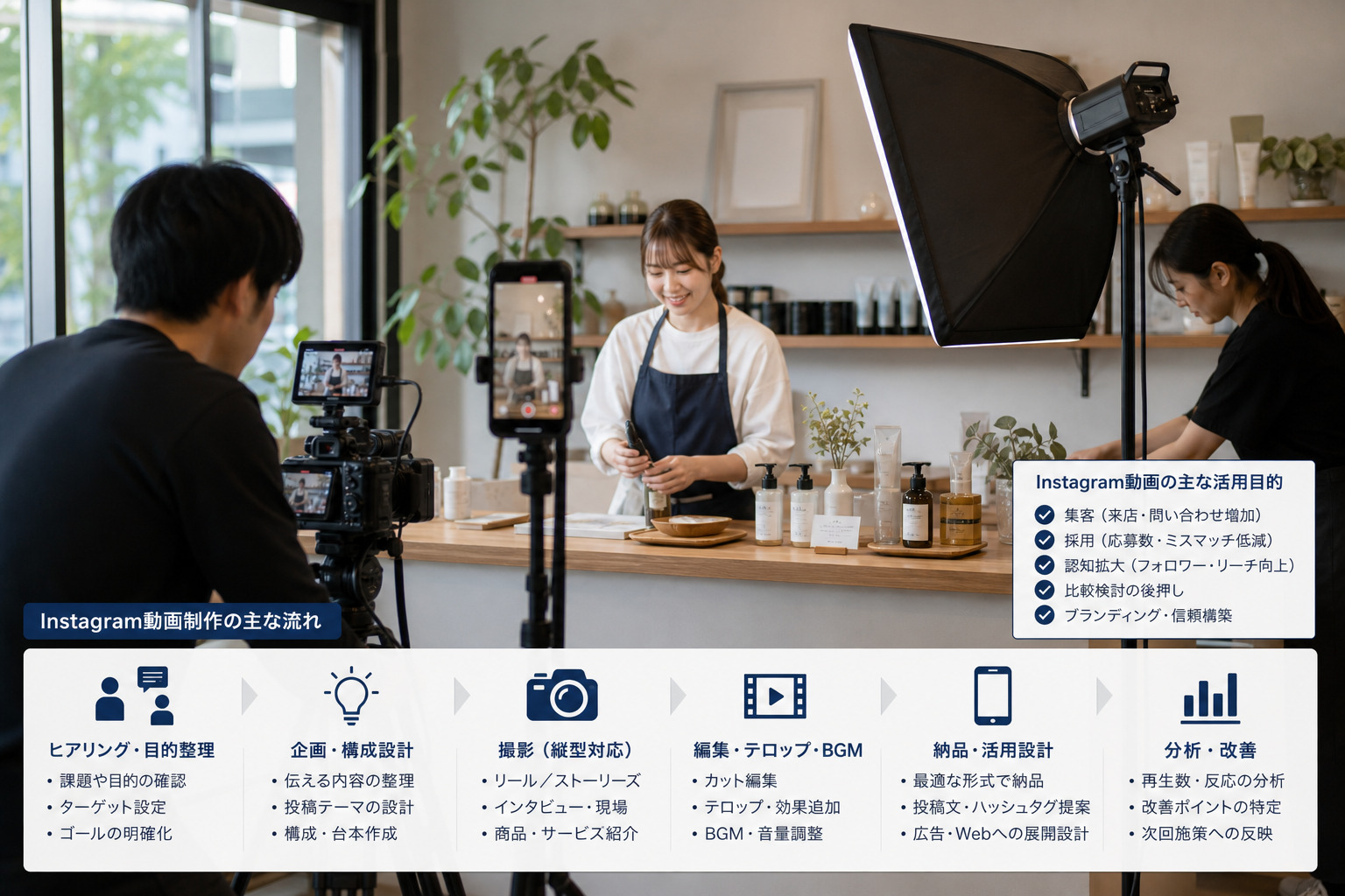 名古屋の店舗でInstagram用動画の現地撮影を行っているイメージ