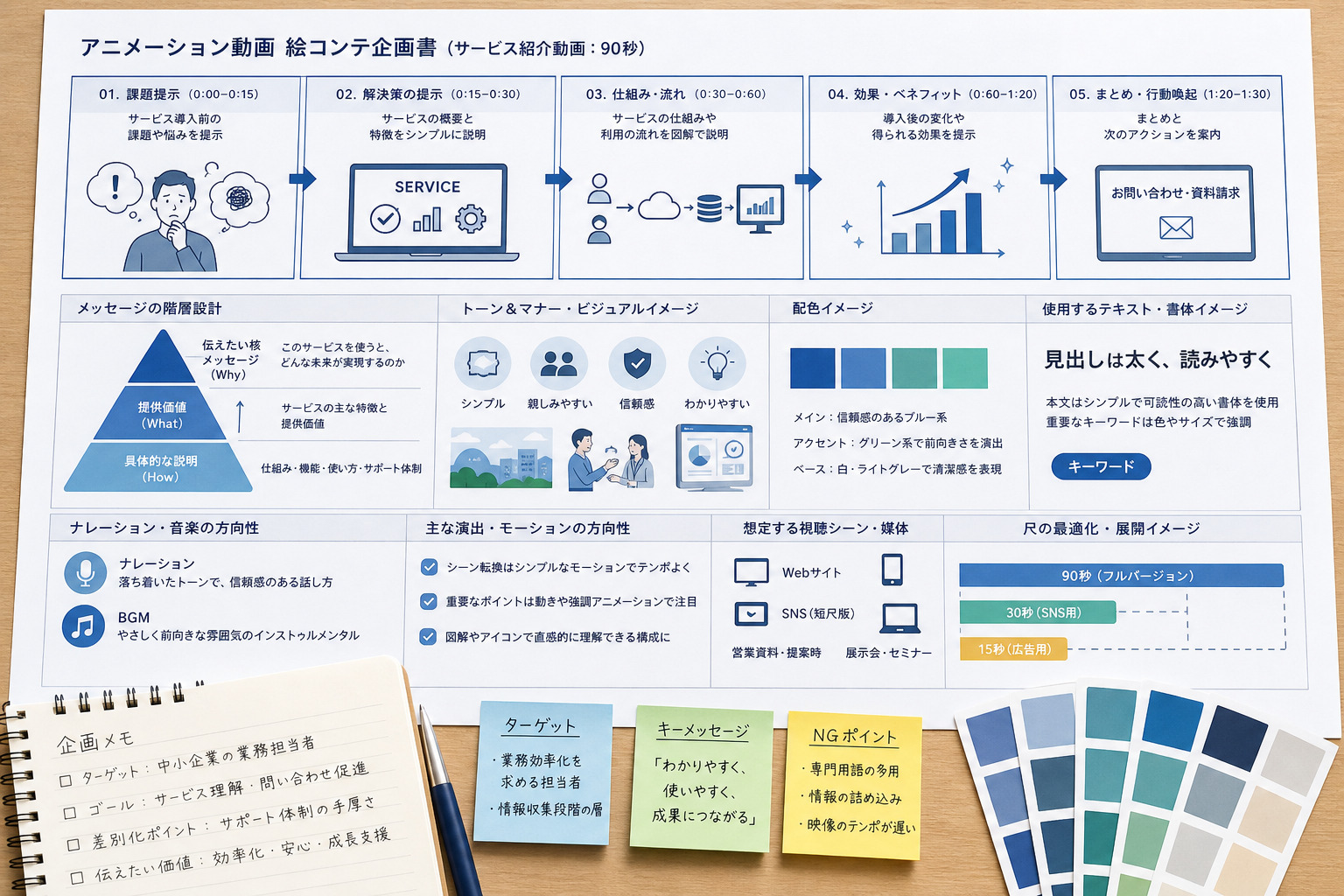 アニメーション動画の構成設計と絵コンテのイメージ