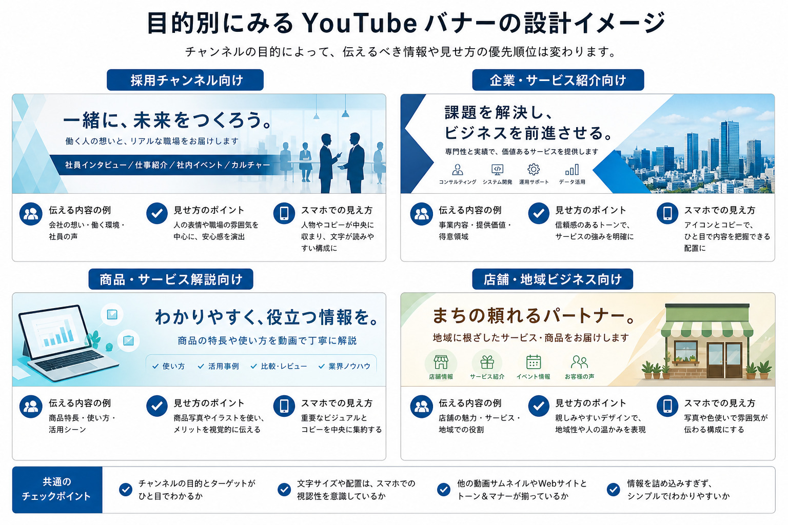 目的別のYouTubeバナーデザインの方向性を比較したイメージ