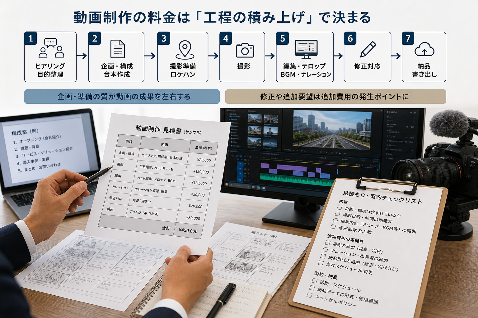 動画制作の見積もり内訳や追加費用を確認しているイメージ