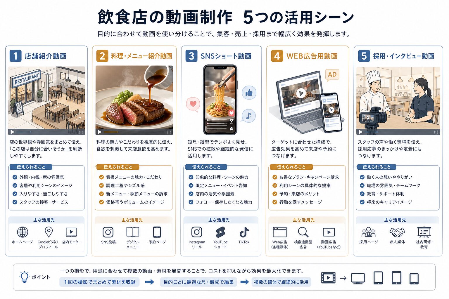 飲食店動画の主な活用シーンを整理したイメージ