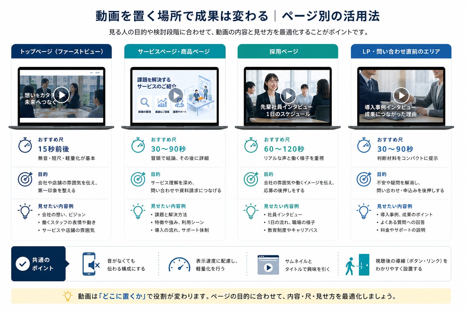 ホームページ内の動画配置場所ごとの役割を示すイメージ