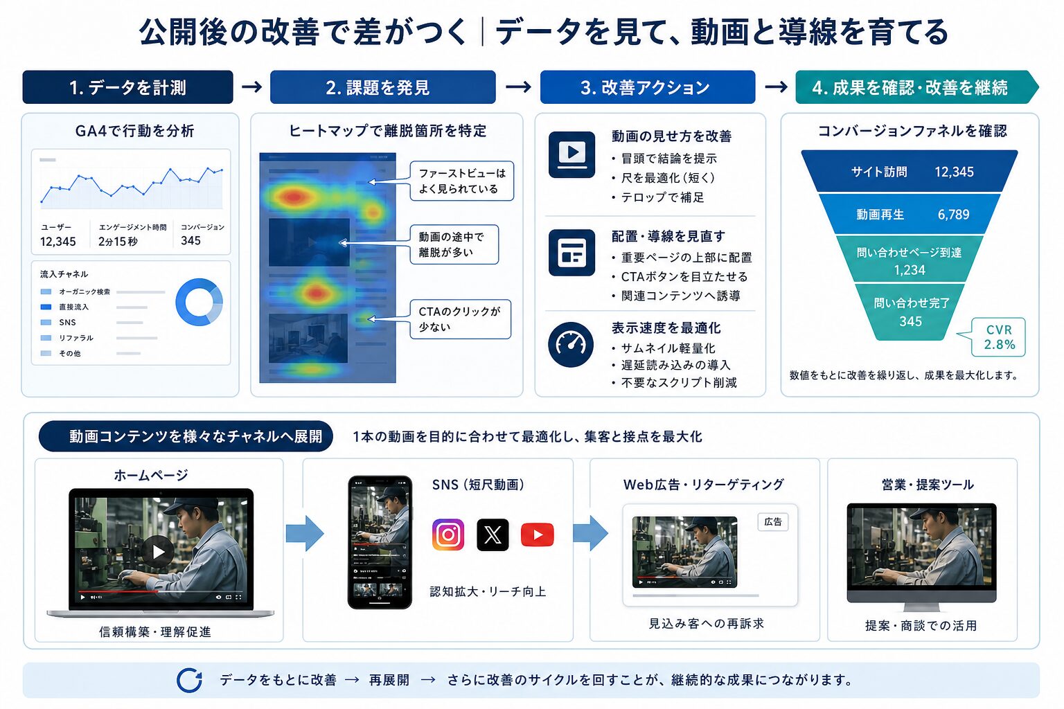 動画公開後の効果測定と改善運用のイメージ