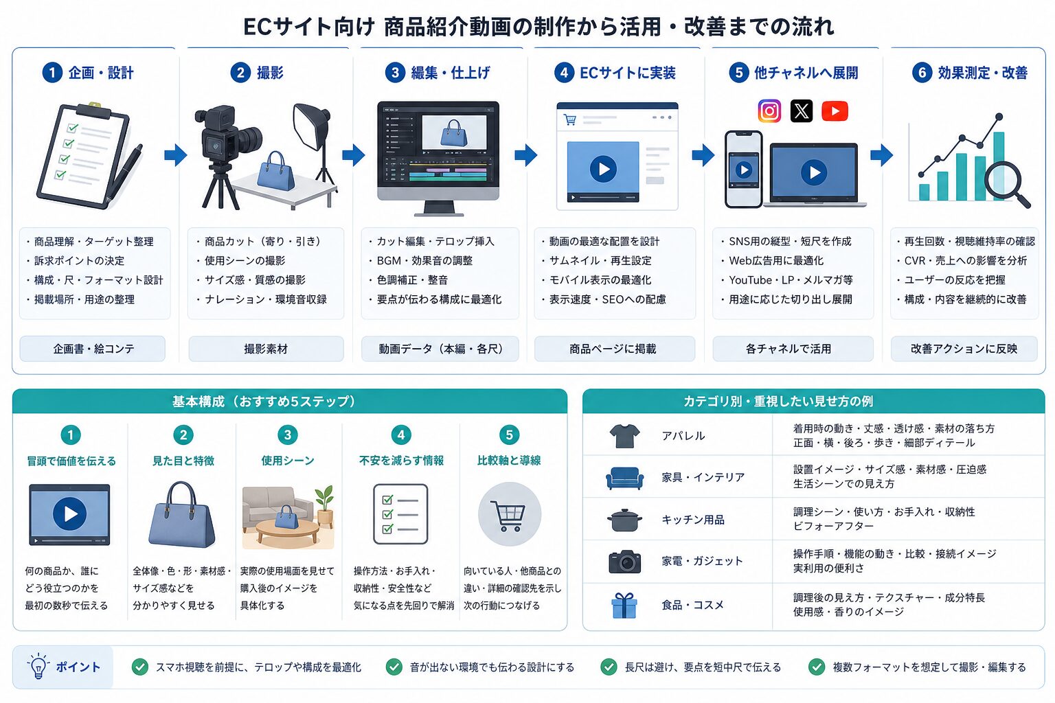 EC向け商品紹介動画の制作から運用改善までの流れを示した図