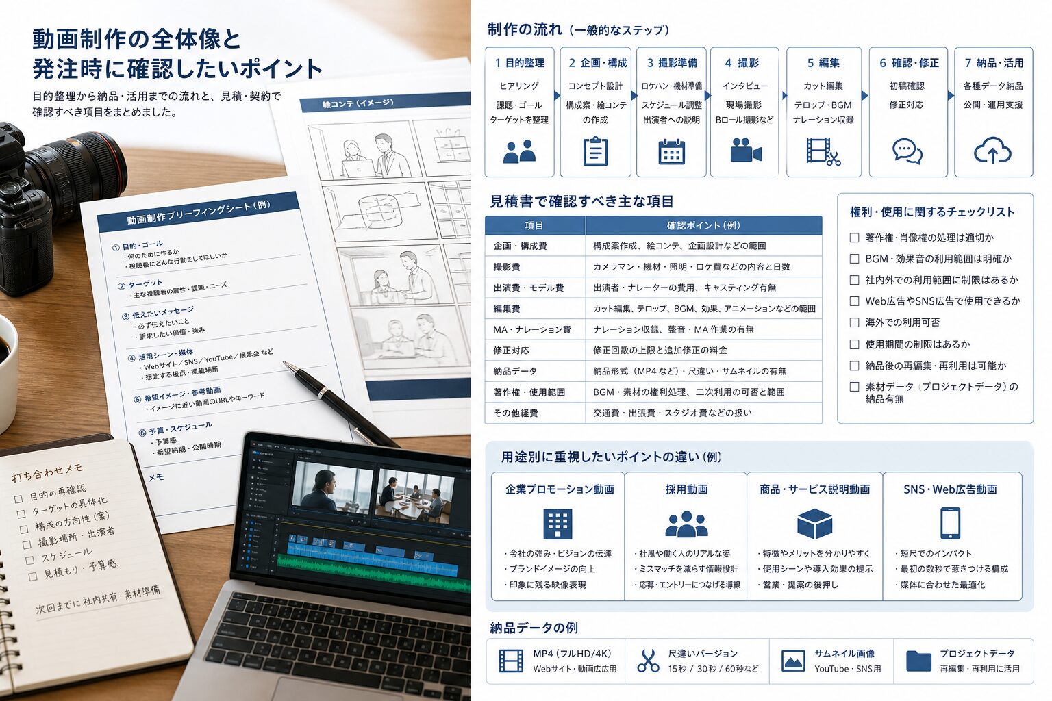 映像制作の見積もり確認項目と進行管理を表現したイメージ